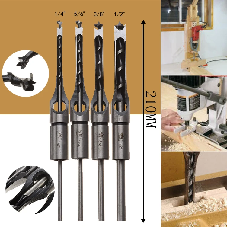 

4PCS 6.35mm/7.94mm/9.5mm/12.7mm Square Hole Drill Bits Set HSS Mortising Chisel Woodworking Drilling Tools For Carpentry 4Sizes