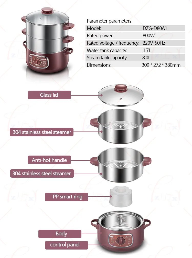 DZG-D80A1 для домашнего использования, 8 л, электрическая пароварка, подогреватель булочек, 800 Вт, приборы для приготовления пищи, подогреватель пищи, пароварка, 220 В, 800 Вт, 1 шт