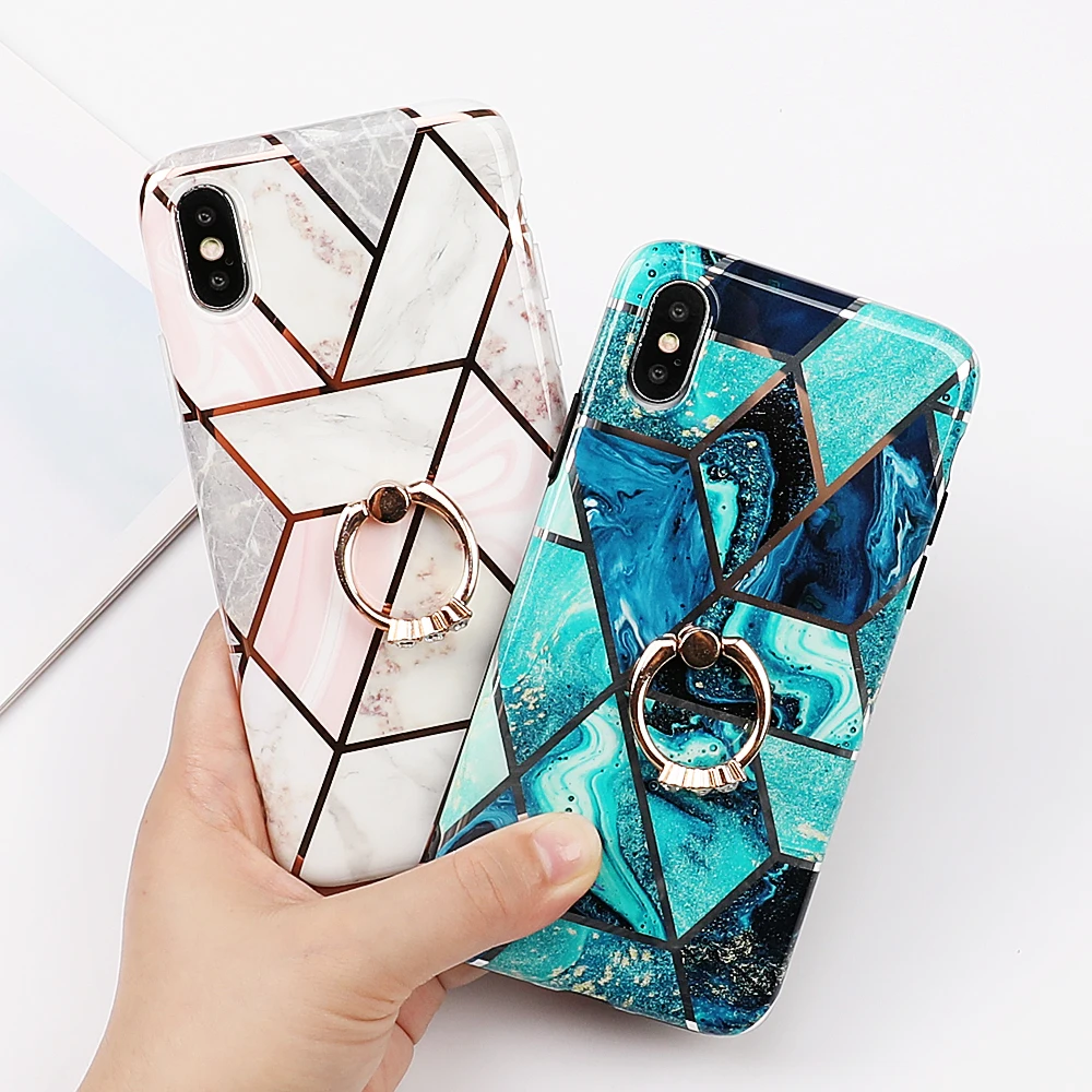 

SUYACS Luxury Geometry Marble Case For iPhone XS Max XR 6 6S 7 8 Plus Finger Ring Full Body Glaze Soft IMD Phone Back Cover Gift