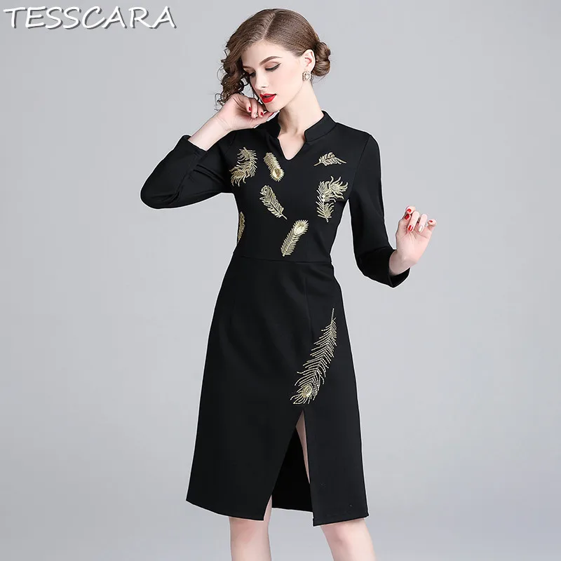 Женское винтажное платье TESSCARA черное с вышивкой для офиса на весну и
