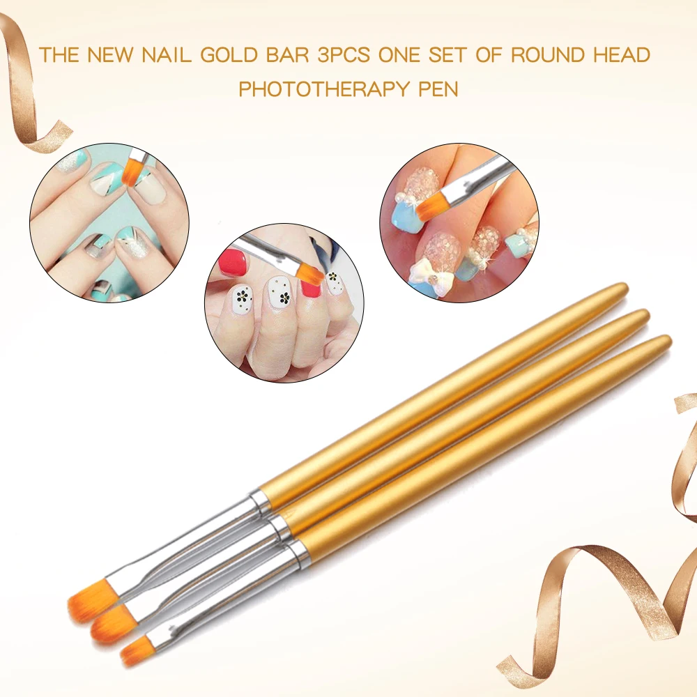 

3pcs/set Gold Nail Art Painting Brush Aluminum Handle UV Poly Gel Brush Flat Head Polygel Pen Manicure Drawing Tool Tip DIY New