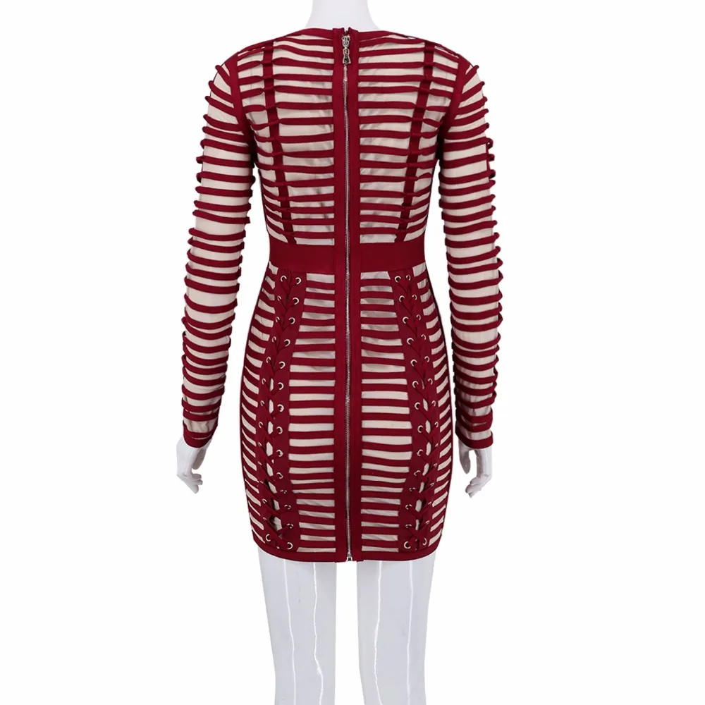 Высокое качество винно-красного цвета с длинным рукавом сетки выдалбливают вискозное Бандажное платье вечернее облегающее платье