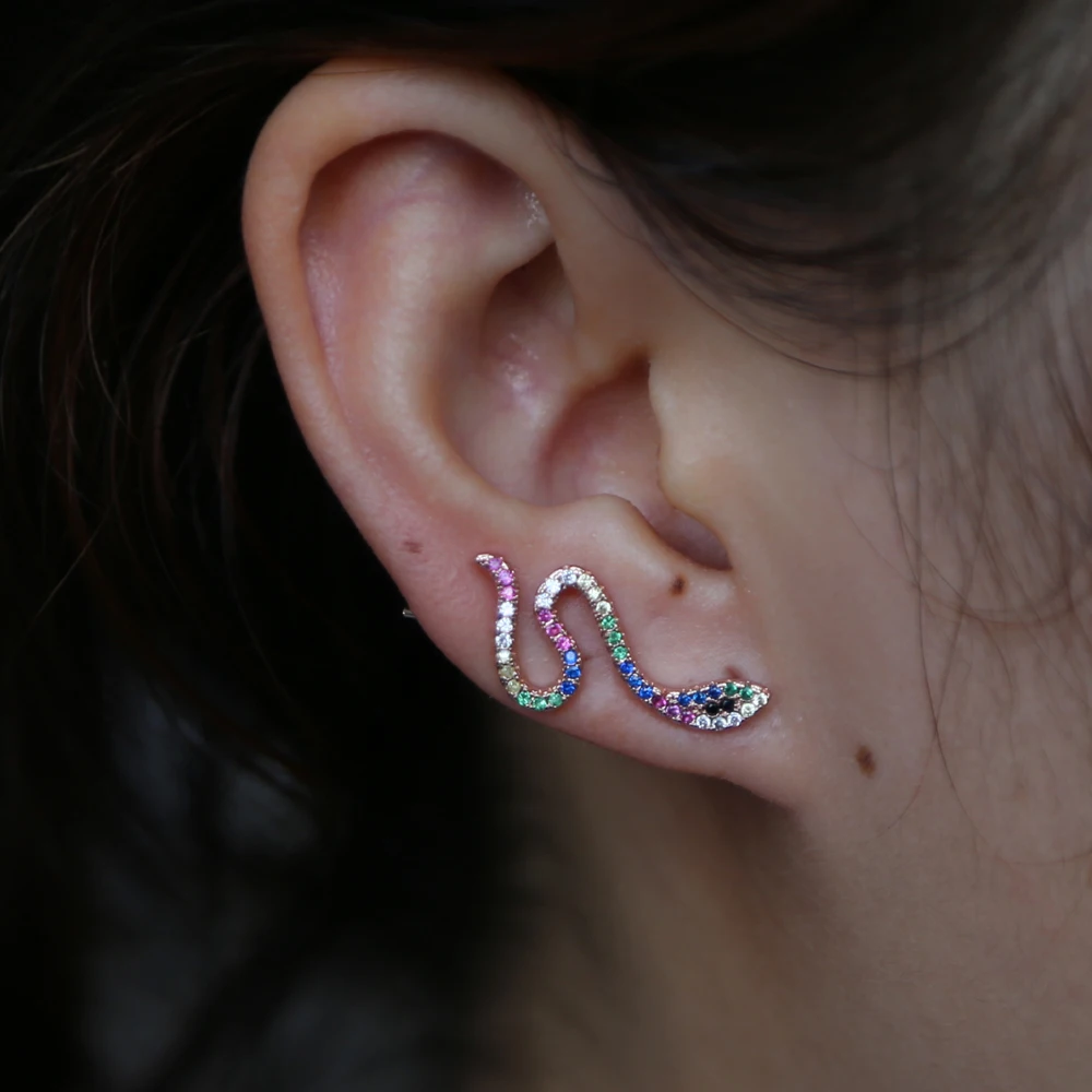 

2018 climber Earring mix color rainbow snake shaped Cubic Zirconia Lovely Snake tiny delicate Earring For Women Bridal jewelry