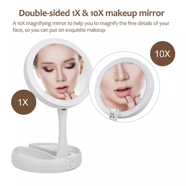 

Portable 360 Degree Rotating Makeup Mirror Desktop Vanity Mirror with LED Light Round Shape Hand Mirror 10X Magnifying