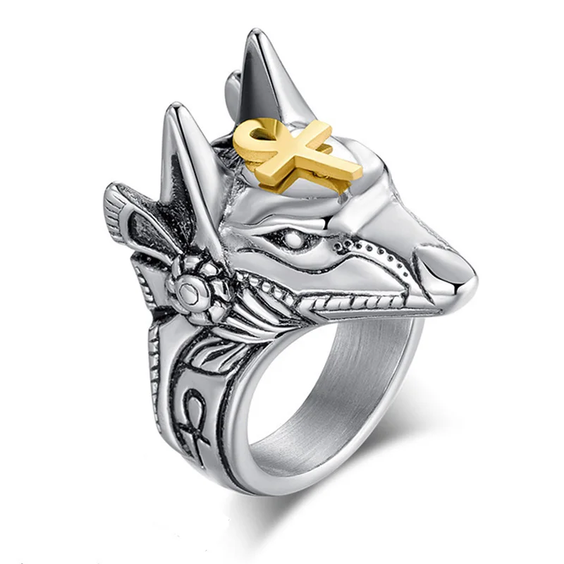 Мужское кольцо Anubis в стиле панк из нержавеющей стали с египетским крестом, дизайнерское серебряное кольцо в виде животного волка, модное женское кольцо на запястье - Цвет основного камня: A