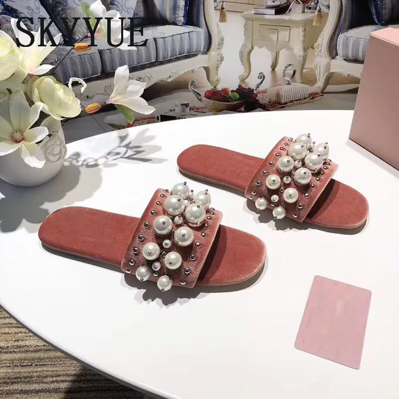 

2018 New Genuine Leather Black Pink Pearl Beading Slip On Women Summer Slippers Open Toe Comfortable Summer Sandal Slippers Shoe