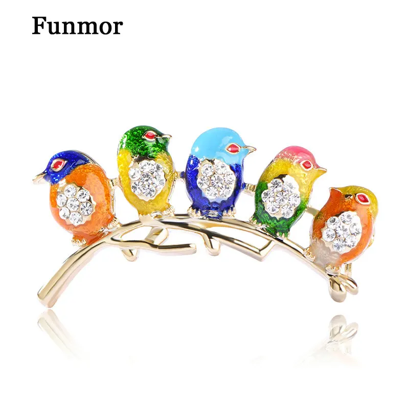 

Colorful Enamel Five Birds Brooch With Crystal Rhinestones Collar Clip Dress Coat Decoration Animal Brooches For Friends Gift uk
