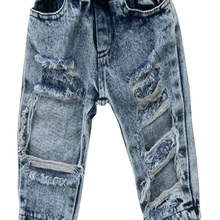 Новые летние повседневные штаны для маленьких девочек длинные голубые джинсы модные рваные джинсы с заплатками для маленьких девочек летняя одежда, 1 предмет