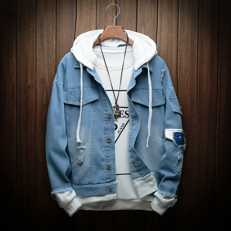 Autumn New Hooded Denim Jacket Men Fashion Fake Two Pieces of Streetwear Bomber Jacket and Coat Man Cowboy Clothes Male M-3XL