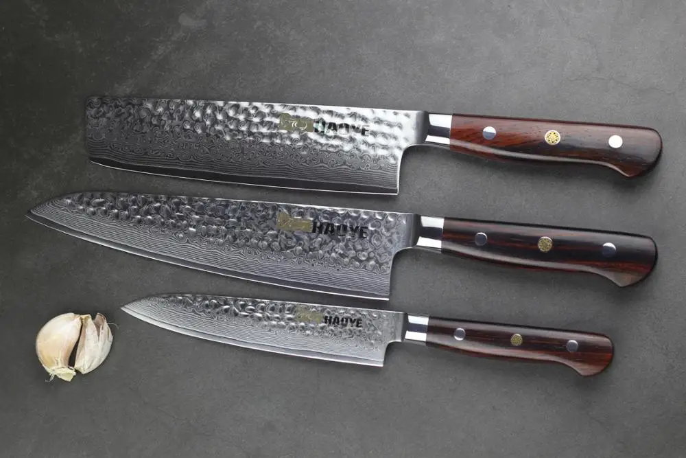 3 шт. японский шеф-повара Nakiri Gyuto Набор ножей для стейка Дамасские кухонные ножи с ручкой Dalbergia Полный Тан приготовления столовых приборов Новинка