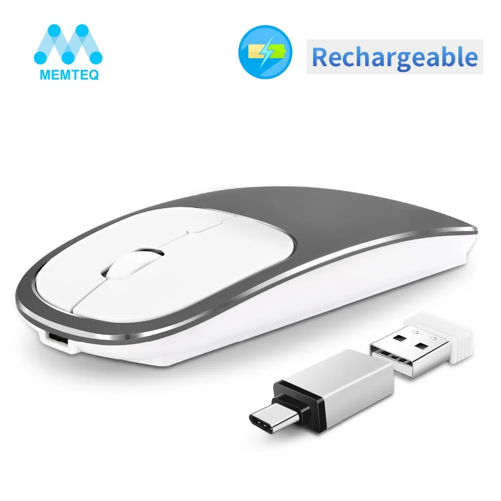 

MEMTEQ Rechargeable USB Wireless Mouse Metal 2.4G Noiseless Slient Button Optical Mouse with USB Receiver for PC Laptop Mute