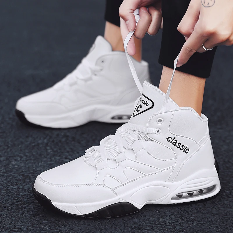 

Spring High-Upper Outdoor Sneakers Sport Shoes men Shock Absorbing Thick-soled Basketball Shoes Students'Small White Shoes