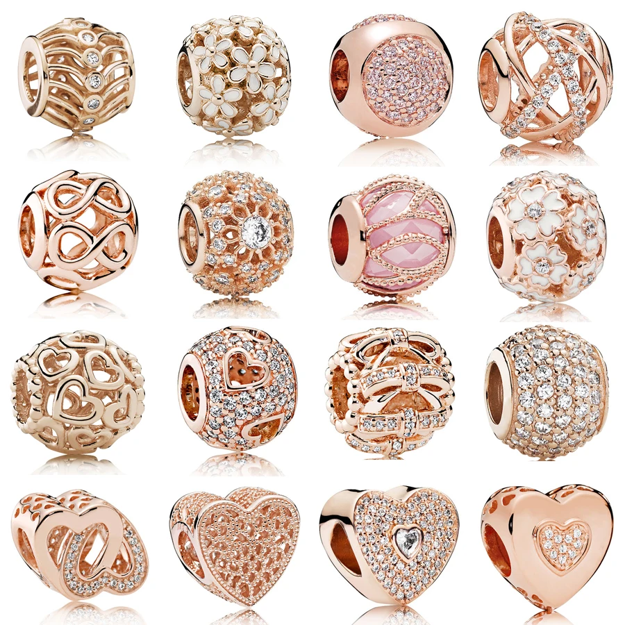 

Authentic 925 Silver Charm Rose Gold Beads Openwork Daisy Love Charm Bracelet Fit Pandora Bracelet DIY Jewelry Bangles for women