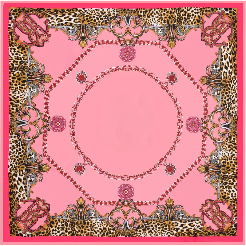 

POBING Luxury Brand Scarf Woman Leopard Chain Print NecKerchief Silk Foulard Large Shawls Stoles Square Head Scarves Wraps 130CM