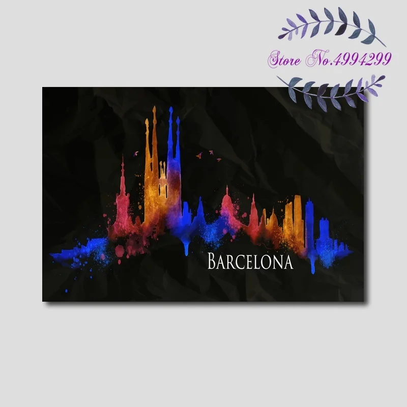 

Barcelona Skyline City Night Poster Canvas Print Home Wall Decor No Frame