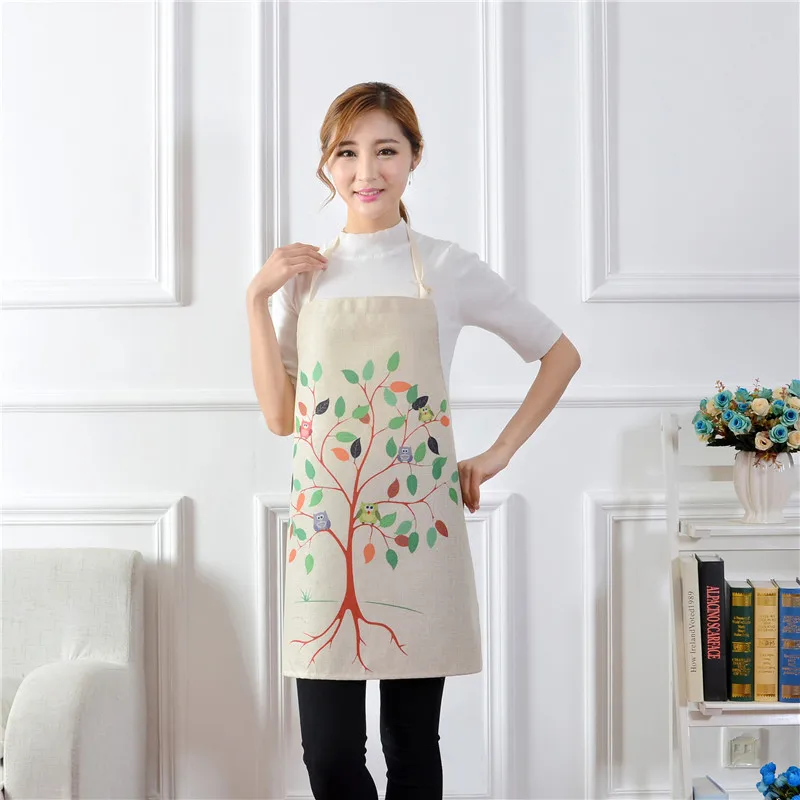 1pcs Cotton Linen Owl Flower Pattern Apron Woman Adult Bibs Home Cooking Baking Coffee Shop Cleaning Apron Kitchen Accessory - Цвет: J