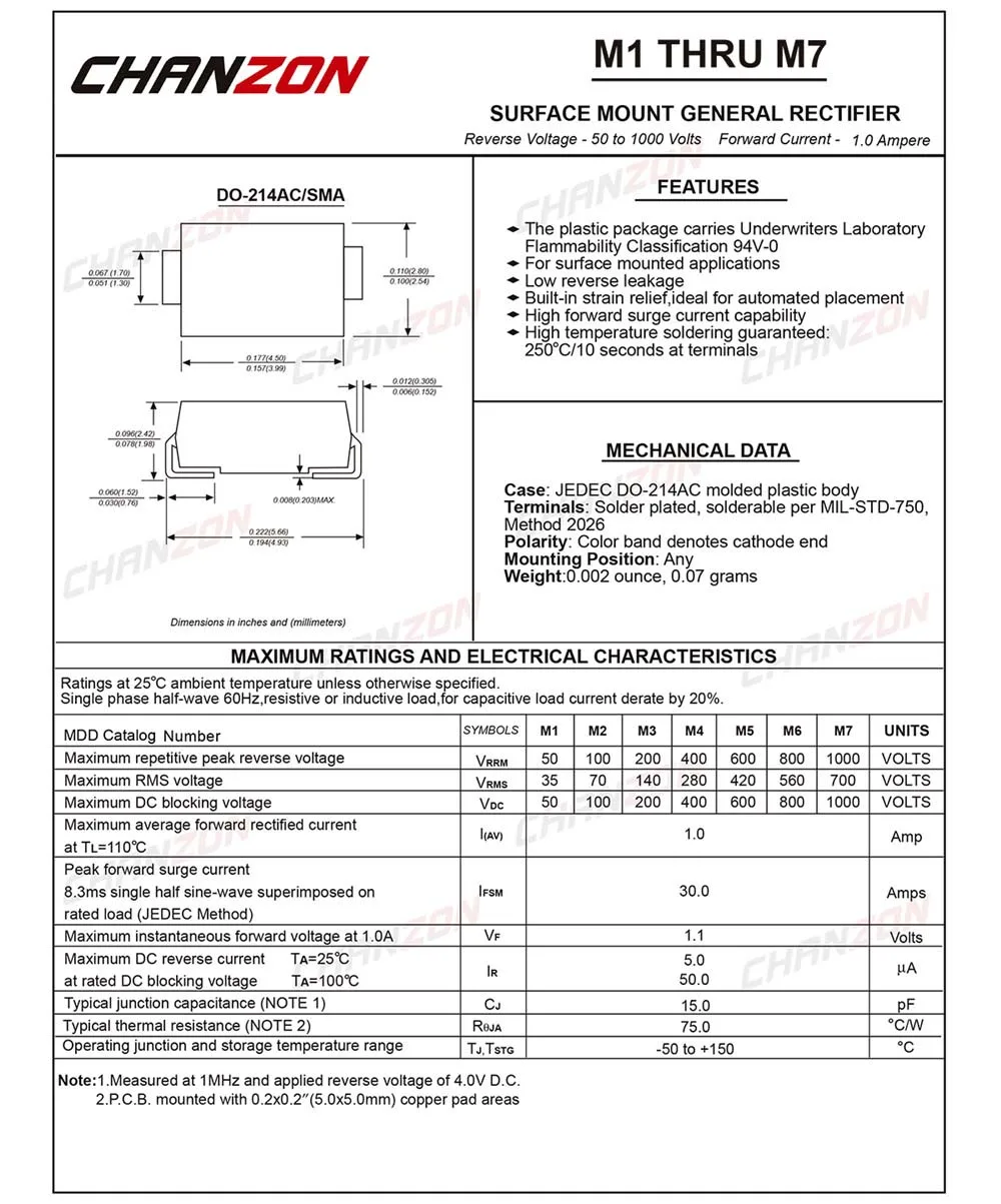 100 шт.) M7 SMD выпрямительный диод 1A 1000 V SMA(DO-214AC) 1 Ампер 1000 Вольт электронные диоды кремния