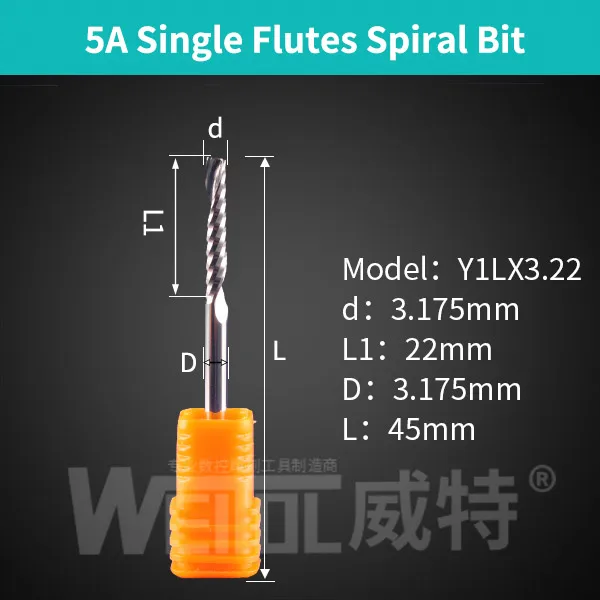 Weito 5A 1 шт. 3,175 Одиночная флейта бит Карбид Концевая фреза ЧПУ концевые фрезы для Дерева Фрезерные акриловые режущие Биты - Длина режущей кромки: 5AY1LX3.22