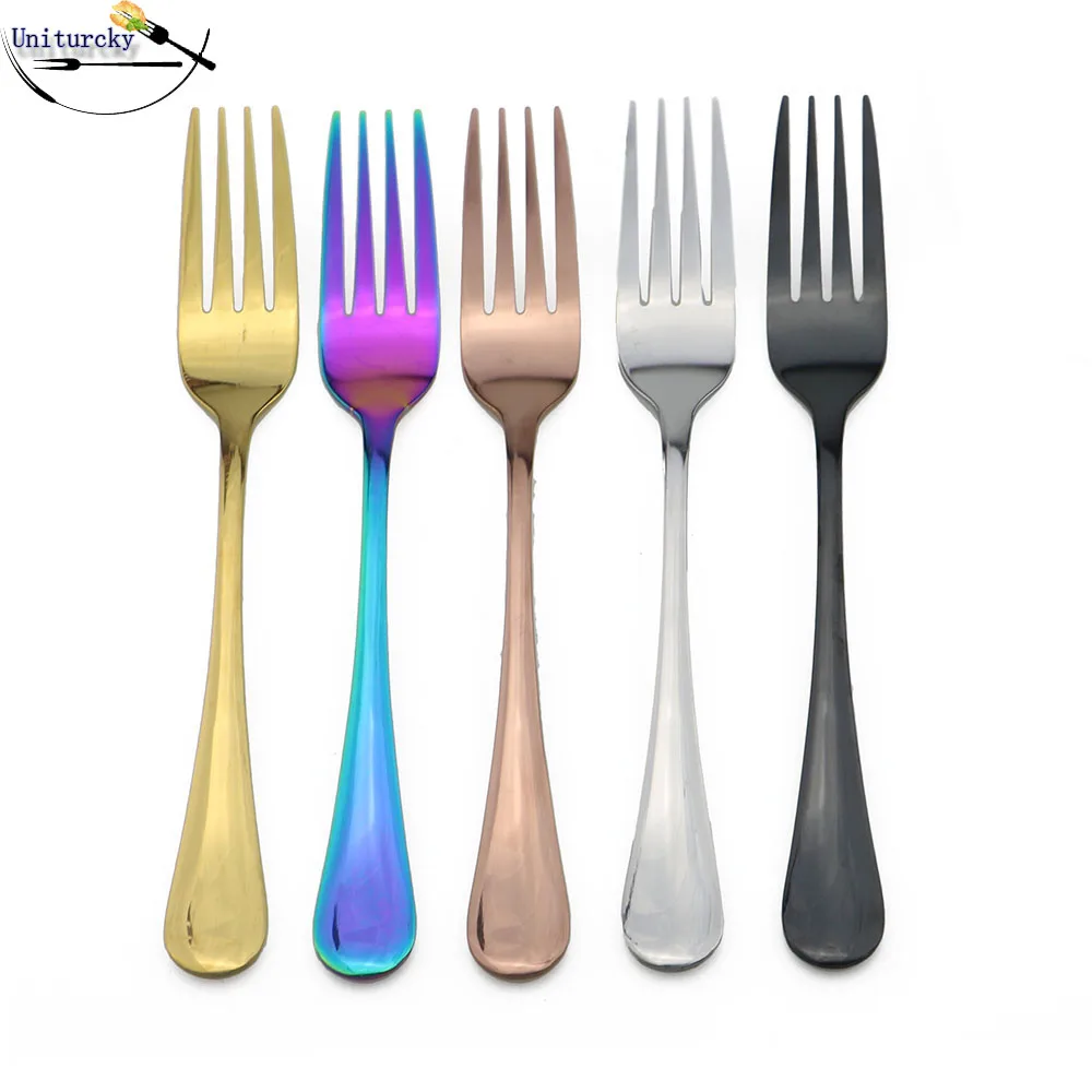 

Stainless Steel Dinner Fork Set Fruit Forks Korea Colourful Dessert Fork With Long Handle Gold Blue Fork Set for Hotel Party