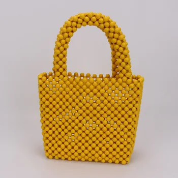 

Ins Hot Yellow Solid Color Wooden Beaded Bag Hollow Out Women Hand Bag