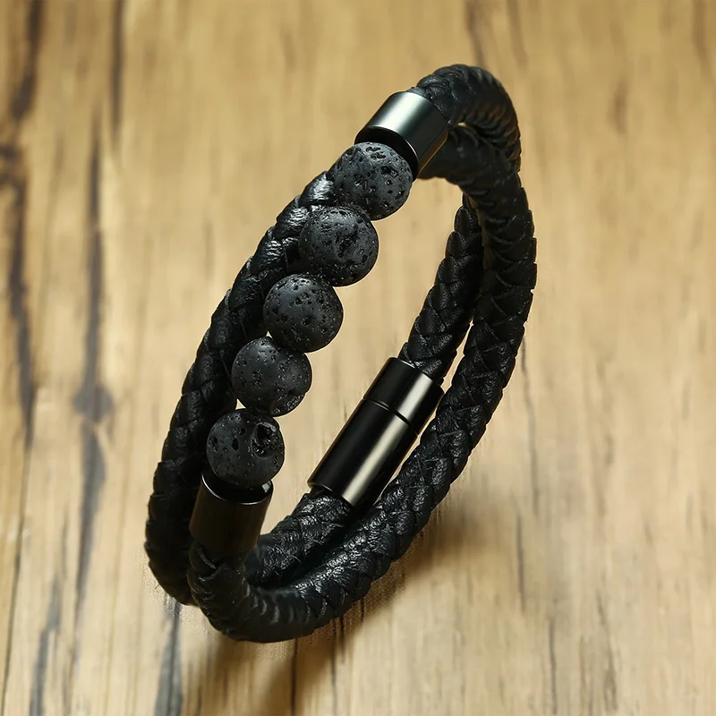 Luxury Black Color Double Braid Leather Men Bracelet With Nature Lave