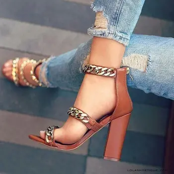 

Chain Decorate Open Toe High Chunky Heels Sandals Metal Straps Hollow Out Zipper Woman Pumps Casual Party Brown Dress Shoes