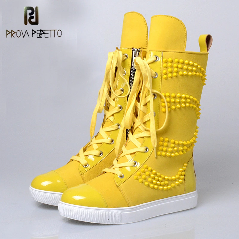

Prova Perfetto Fashion Solid RivetsDesign Flat Bottom Woman Boots Casual Style Lace Up Genuine Leather Zipper Mid High Boots