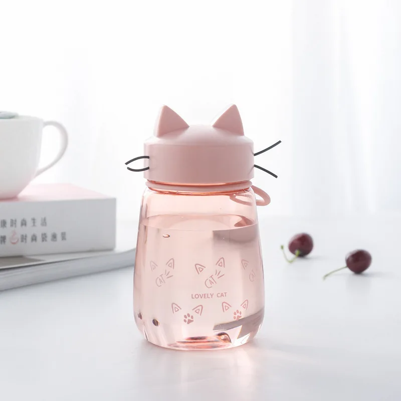 New Creative cute Cat water bottle Leakproof portable Sports plastic kettle Home office student picnic kettle kids water bottle - Цвет: Pink