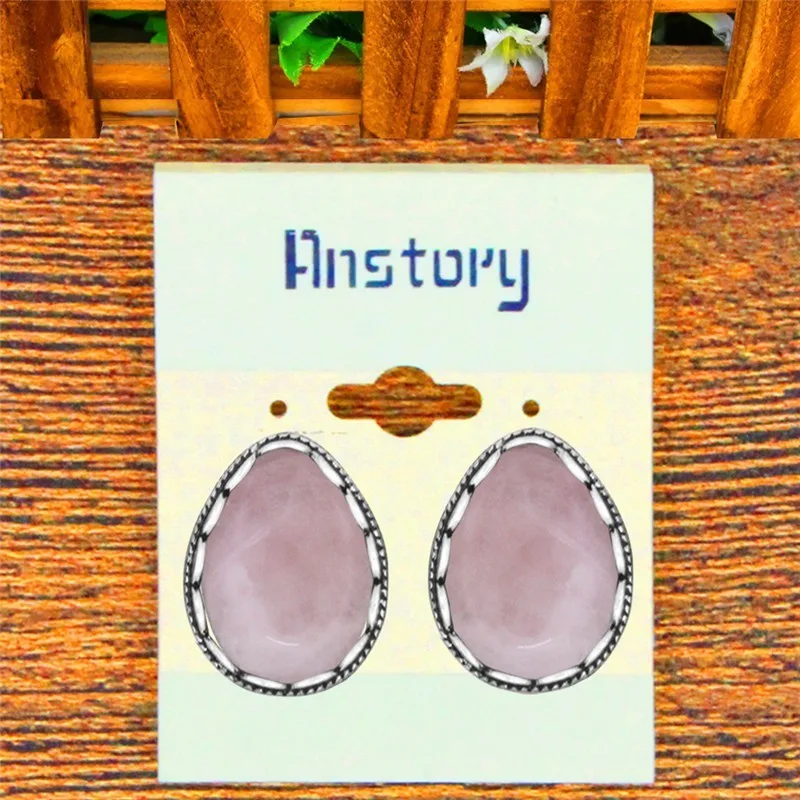 Vintage Water Drop Pink Quartz Stud Earrings For Women Stainless Steel Stud Pin Antique Silver Plated Earrings