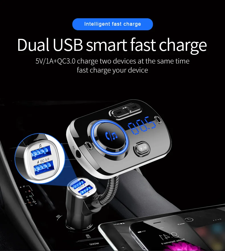 JINSERTA Bluetooth V5.0 Wireless FM Modulator Connect 2 Phones Car MP3 Player 3.5mm AUX play Support TF USB Pendrive Music QC3.0