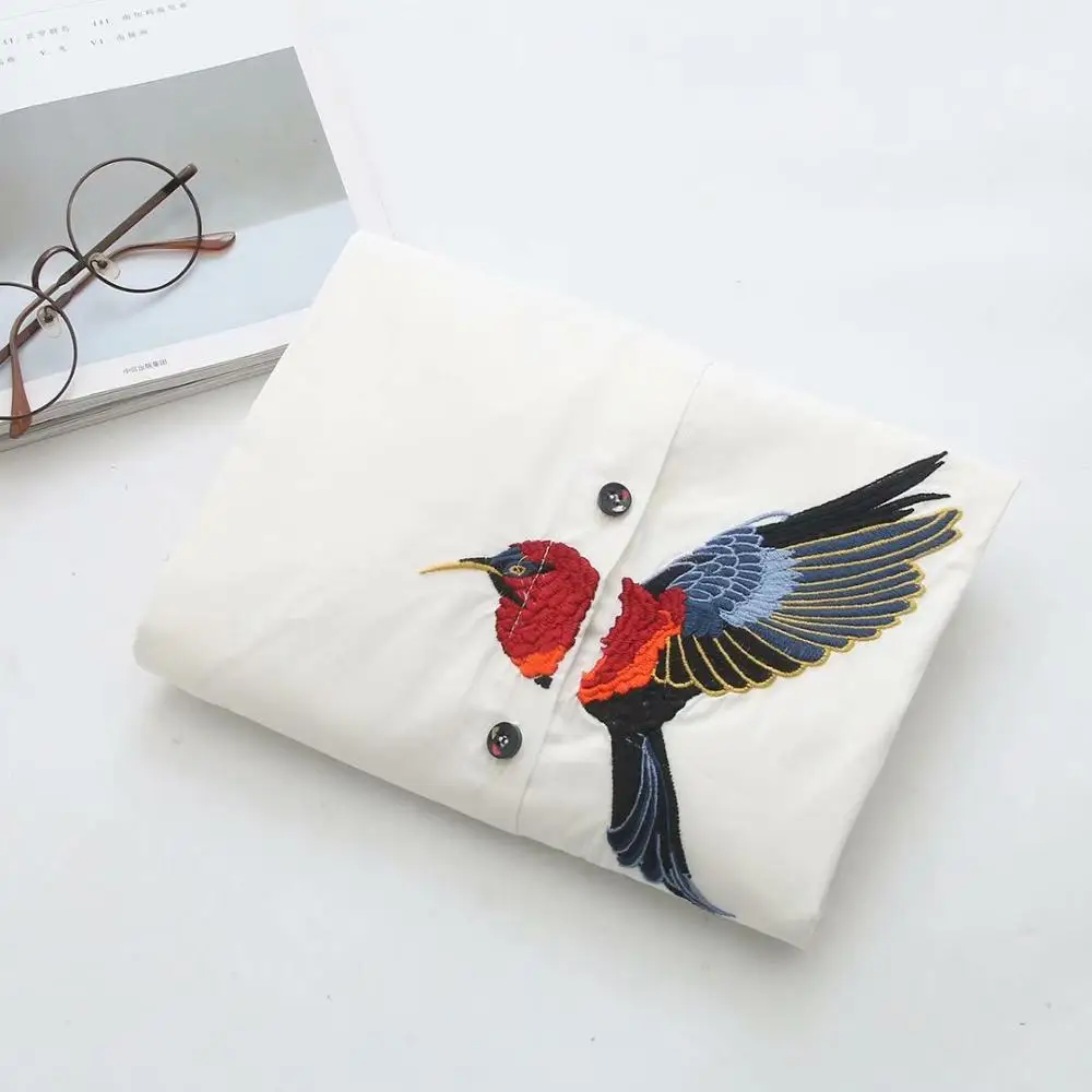 Plus size bird Embroidery women loose blouse spring autumn casual ladies cotton white shirts female tops