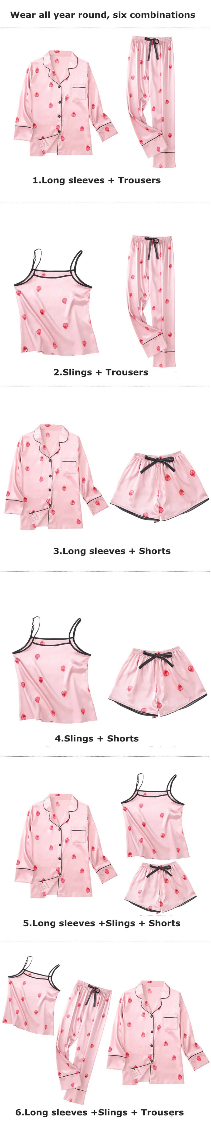 JULY'S SONG женские розовые пижамные комплекты из 7 предметов, атласная Шелковая пижама "Клубничка" для женщин, комплекты ночного белья, весенне-осенняя Ночная одежда