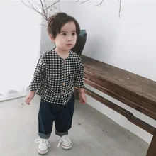 Осень в Корейском стиле для маленьких мальчиков Модная одежда с длинным рукавом рубашки в клетку для детей хлопковые повседневные универсальные блузки детская одежда