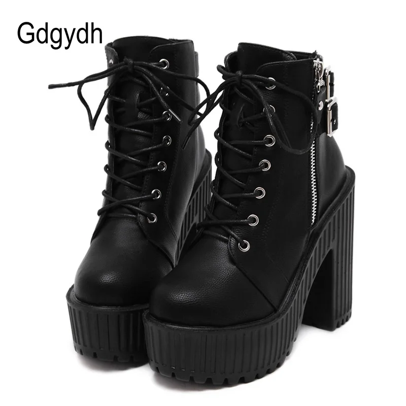 

Gdgydh 2019 New Autumn Platform Heels Boots Women Lacing Square Heel Ankle Boots For Women Round Toe Rubber Sole Ladies Shoes