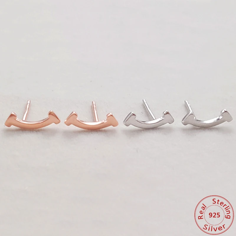 

100% Real. 925 Sterling Silver Rose Gold Color Fine Earrings Small Smile Straight Arch Bar Geometric Earrings for Women Jewelry