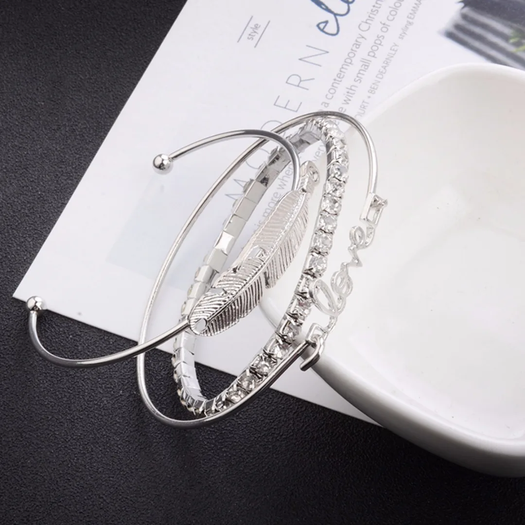 3pcs/Set Women Leaf Feather Love Crystal Rhinestone Open Bangle Bracelets