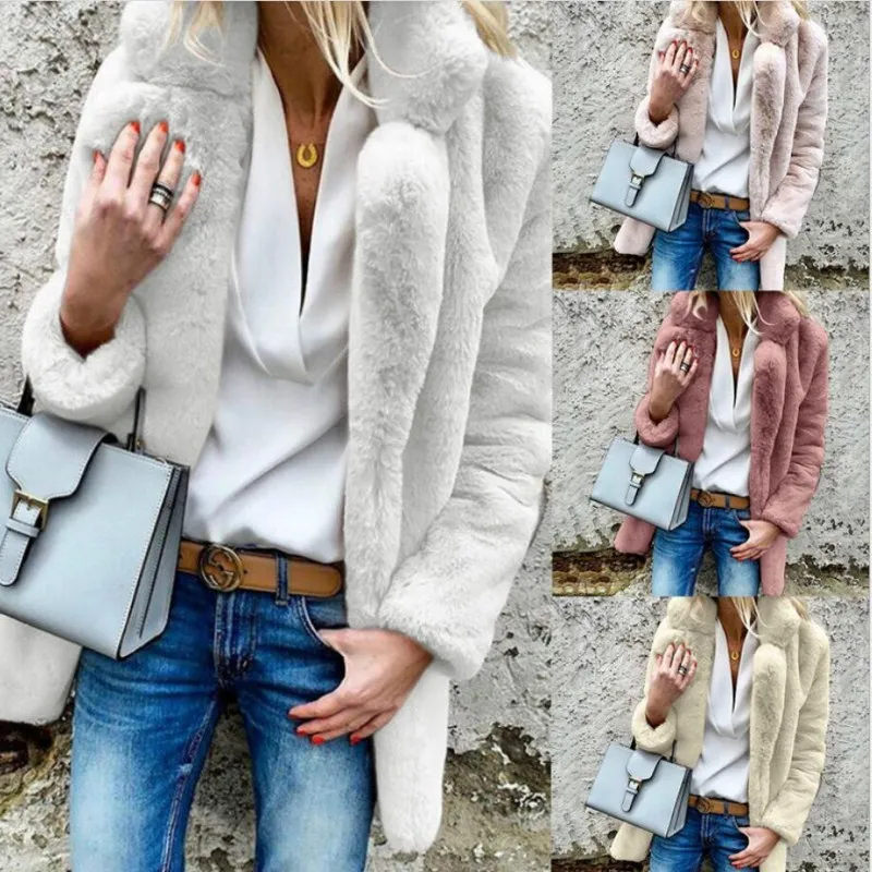 2018 new winter coat women Solid color long-sleeved lapel women's faux fur coat streetwear fur jacket women Open Stitch