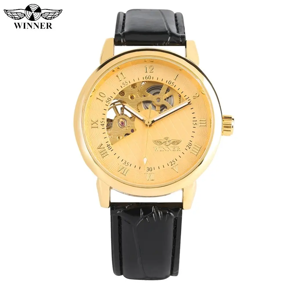 

Luxury Golden Hand-wind Mechanical Watch for Men Silver Stainless Steel Case Watch for Ladies Leather Strap Mechanical Watches