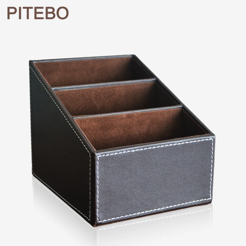 PITEBO 3 slot leather desk remote controller sundries stationery storage box display presentation organizer case brown