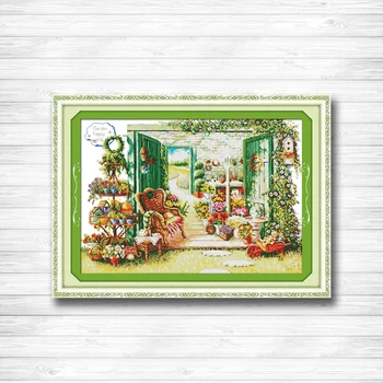 

Flower shop garden Europe house Scenery dmc 14CT 11CT counted cross stitch Needlework Set Embroidery kits chinese cross stitch