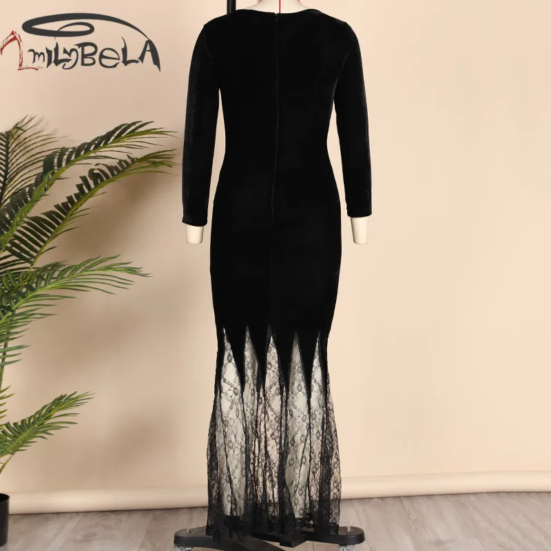 Buy Imily Bela Gothic Maxi Dress Sexy Black Deep V Neck Lace Splicing Collect Waist Mermaid Dress Long Sleeve Bodycon Trumpet Gowns