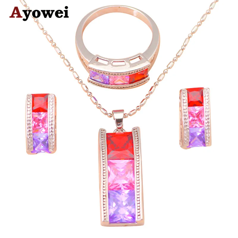 

Rectangle shape Color crystal & AAA zirconia Silver filled Earring Necklace Fashion Jewelry Set Ring Sz #7 #8 for womenJS402A