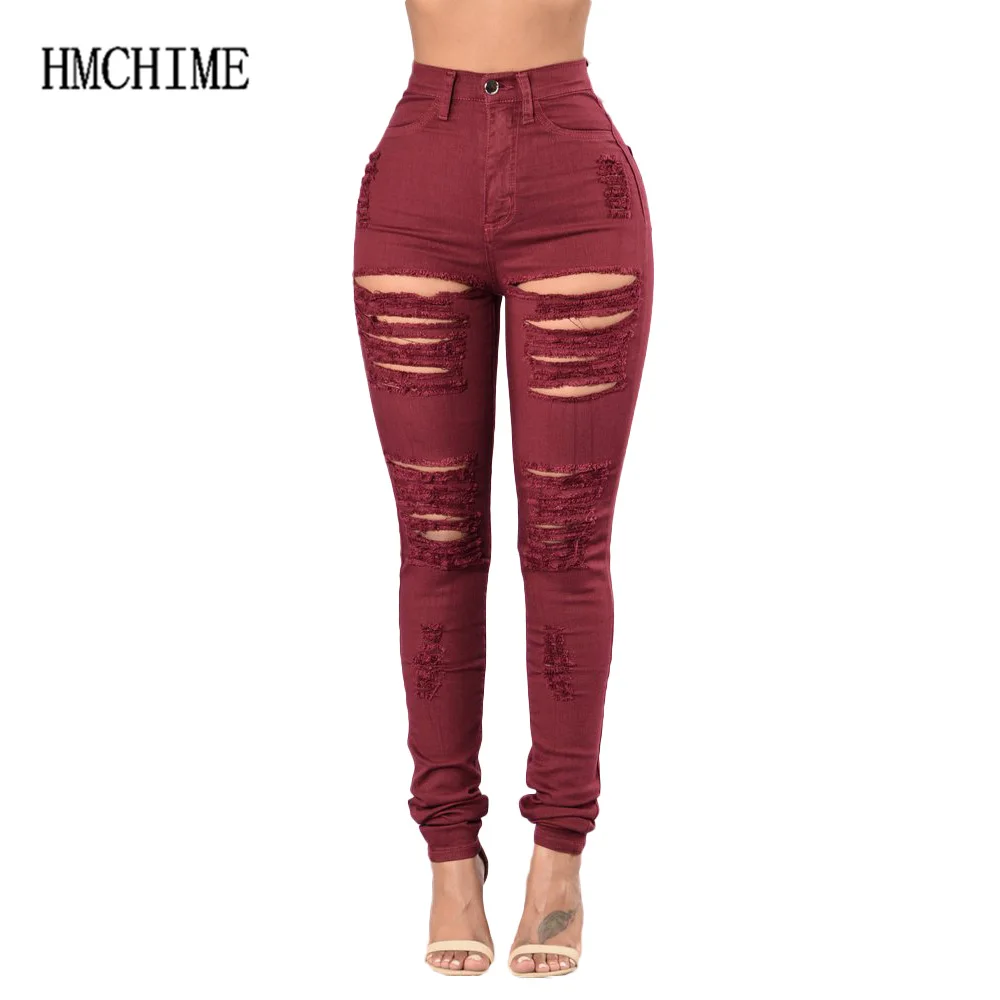 Wine Red Women Jeans High Waist Skinny Stretch Lady Cowboy Denim