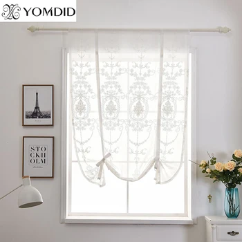 

Roman Short Curtain Ribbon Curtains For Living Room Kitchen Window Cloth Europe Style Embroidered Flower Pattern Rope Curtain