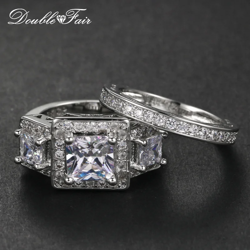 Double Fair White Gold Color Brand Ring Sets For Women or Men High Quality Anniversary Gift New Jewelry Rings DFYG028