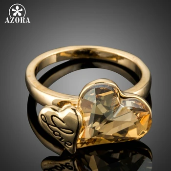 

AZORA Gold Color LOVE Words Double Hearts Champagne Stellux Australian Crystal Rings TR0180