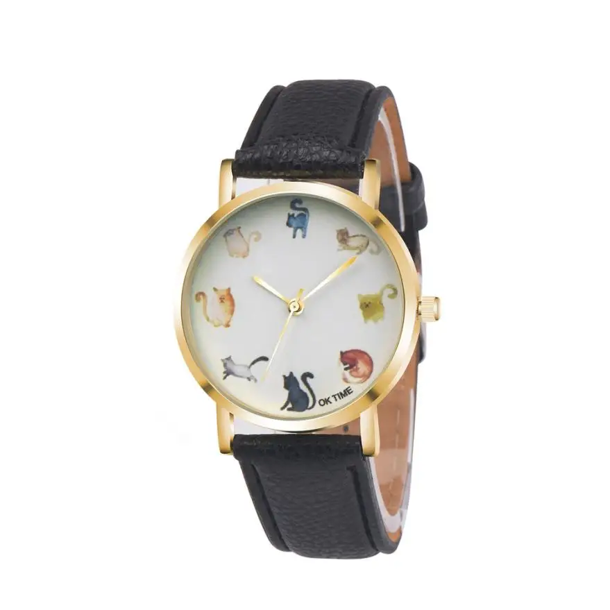 

Women Watches Lovely Cats Pattern Casual Womens Clock Fashion Leather Band Gold Dial Analog Quartz Round Wrist Watch Aug21