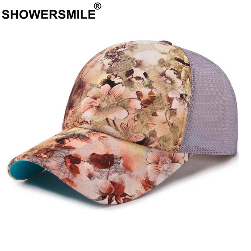 

SHOWERSMILE Woman Flower Baseball Cap Summer Snapback Trucker Hat Female Grey Mesh Casual Outdoor Cute Breathable Ladies Dad Hat
