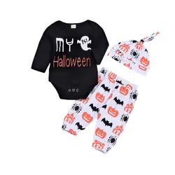 2018 одежда для малышей для мальчиков и девочек одежда на Хэллоуин с принтом с буквами ползунки Топы тыква брюки леггинсы наряды