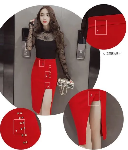 2019 осенние юбки плюс размер Сексуальная юбка офисная Saias Faldas Женская эластичная тонкая высокая талия сплит красный черный шаг юбка карандаш